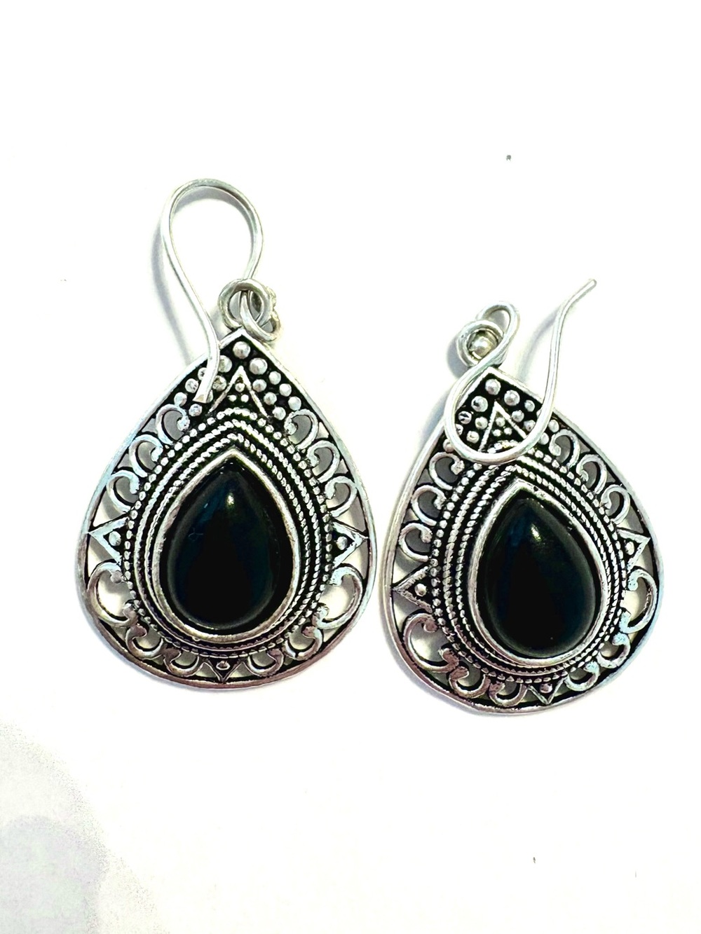 Beautiful, 2 inch, open work, black Onyx, 925 marked, earrings.